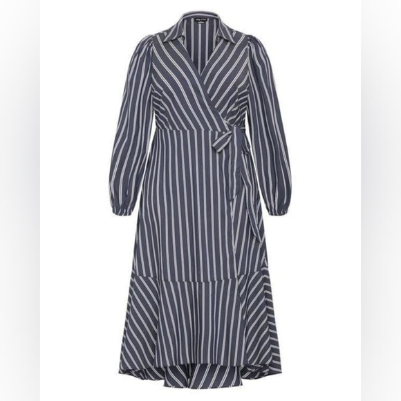 City Chic NWT Navy Blue Striped Long Sleeve Wrap Dress Size 24 - Picture 3 of 4
